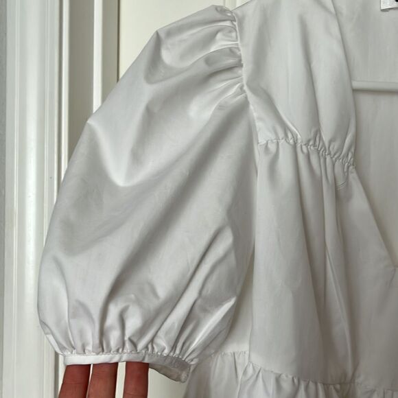 🌿Women’s White V-Neck Puff Sleeve Babydoll White Blouse Size M - Picture 5 of 10